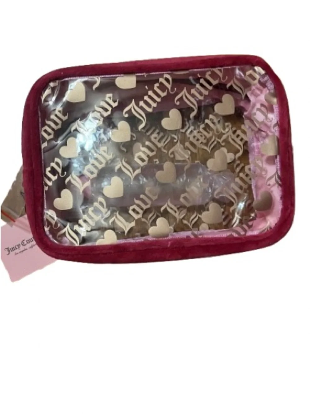 NWT Juicy Couture Clear Cosmetic Bag with Velvet Trim and Juicy Travel Bottle